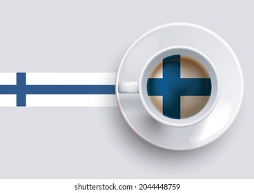 Finland flag with a tasty coffee cup on top view and a gradient background. Hot beverage with Finland flag, vector illustration. 
