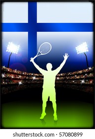 Finland Flag with Tennis Player on Stadium Background Original Illustration
