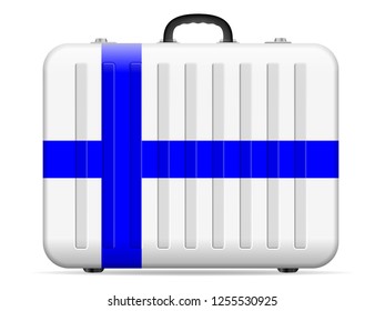 Finland flag travel suitcase on a white background. Vector illustration.