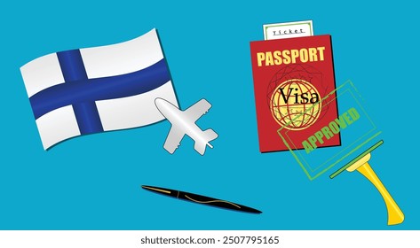 Finland flag with white plane icon. Passport with visa approved stamp. Black stylish Pen. Suomi Travel poster. Editable vector EPS available