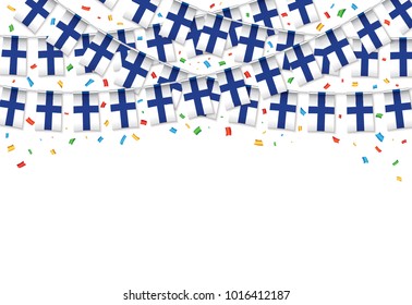 Finland flags garland white background with confetti, Hang bunting for Finland independence Day celebration template banner, Vector illustration