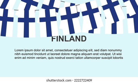 Finland flags hanging on a rope, celebration and greeting concept, many Finland flags with text space, banner and poster idea, decoration material, independence day
