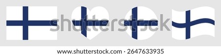 Finland flags set in square, heart, circle and waving formats designs element. Finland flags collection. Set of Finland flags icons isolated on gray background. Vector illustration.