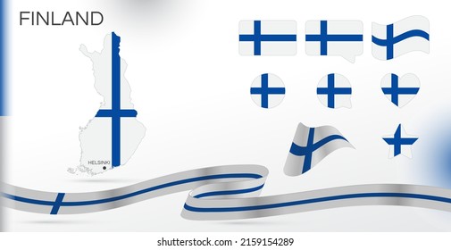 Finland flags set. Various designs. Map and capital city. World flags. Vector set. Circle icon. Template for independence day. Collection of national symbols. Ribbon with colors of the flag. Helsinki