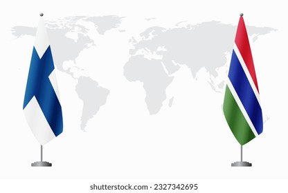 Finland and Gambia flags for official meeting against background of world map.