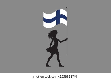 Finland girl with flag, Flag of Finland national country symbol illustration Vector, Rectangle Finland flag illustration, Flat vector illustration
