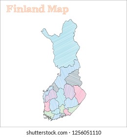 Finland hand-drawn map. Colourful sketchy country outline. Favorable Finland map with provinces. Vector illustration.