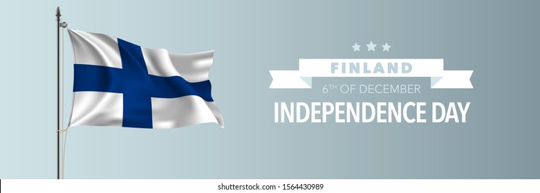 Carta de bienvenida del Día de la Independencia de Finlandia, ilustración vectorial de banner. Finaliza fiesta nacional 6 de diciembre elemento de diseño con bandera ondulada en asta 