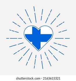 Finland heart with flag of the country. Sunburst around Finland heart sign. Vector illustration.