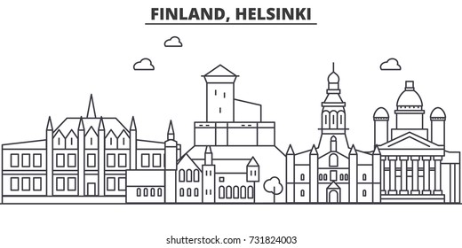 Finland, Helsinki architecture line skyline illustration. Linear vector cityscape with famous landmarks, city sights, design icons. Landscape wtih editable strokes