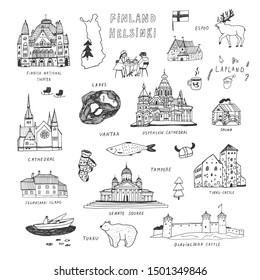 Finland Helsinki architecture objects hand drawn vector illustrations set