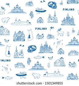 Finland Helsinki architecture objects hand drawn line vector seamless pattern