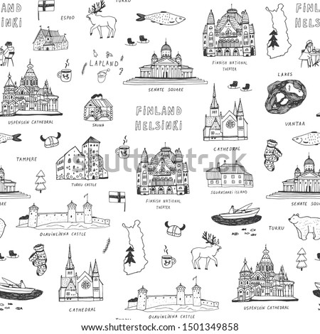 Finland Helsinki architecture objects hand drawn line vector seamless pattern
