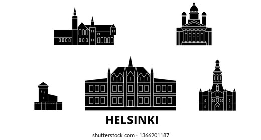 Finland, Helsinki flat travel skyline set. Finland, Helsinki black city vector illustration, symbol, travel sights, landmarks.