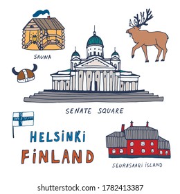Finland Helsinki hand drawn doodle vector illustrations set