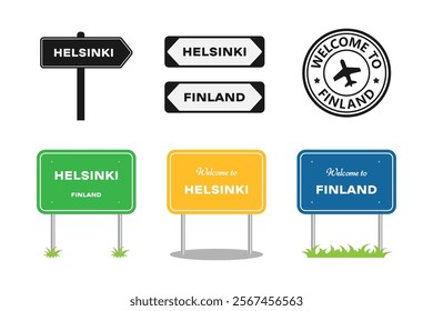 Finland, Helsinki road signs set. Welcome to Finland, label or sticker. Helsinki city entering signpost. Billboard on the road. Vector illustration