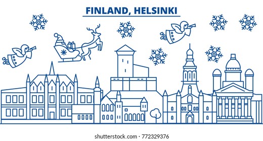 Finland, Helsinki winter city skyline. Merry Christmas, Happy New Year decorated banner with Santa Claus.Winter greeting line card.Flat, outline vector.Linear christmas snow illustration
