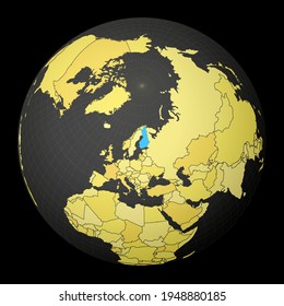 Finland highlighted on a dark globe with a yellow world map. Satellite world projection centered on Finland. Beautiful vector illustration.