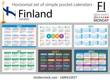 Finland horizontal set of pocket calendars for 2021( two thousand twenty one). Week starts Monday. New year. Color simple design. Vector