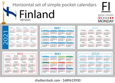 Finland horizontal set of pocket calendars for 2021 (two thousand twenty one). Week starts Monday. New year. Color simple design. Vector