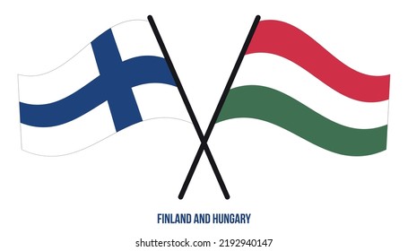 Finland and Hungary Flags Crossed And Waving Flat Style. Official Proportion. Correct Colors.