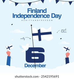 Finland Independence day. 6th December Independence day of Finland celebration banner with its flags, hands holding flags. The day recalls when country got freedom from Russia Empire in 1917. 