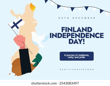 Finland independence day, 6th December conceptual banner, post. Independence day of Finland with a hand holding its flag, map. The day recalls when country got freedom from Russia Empire in 1917. 