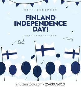 Finland Independence day banner with balloons and flags. 6th December Independence day of Finland celebration banner with its flags. National holiday of Finland, as it got freedom from Russia Empire.