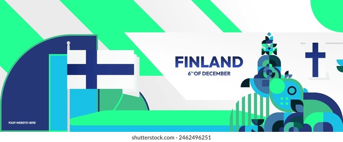 Finland Independence Day banner in geometric style. Colorful modern greeting card for National day of Finland in December. Design background for celebrating National holiday