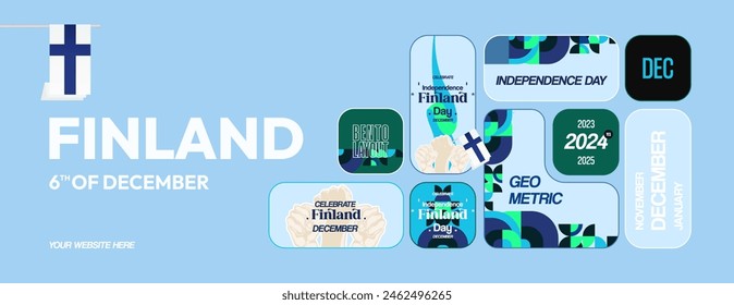 Finland Independence Day banner in geometric bento layout style. Colorful modern greeting card for National day of Finland in December. Design background for celebrating National holiday