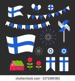 Finland Independence Day design elements set. Flat vector illustration. country national flag template.Patriotic decoration.