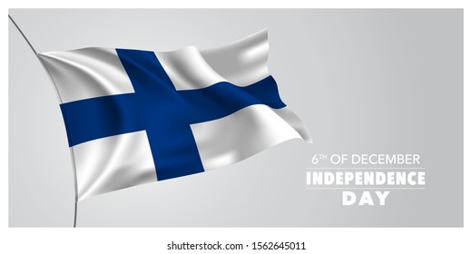 Finland independence day greeting card, banner, horizontal vector illustration. Finish holiday 6th of December design element with waving flag as a symbol of independence 