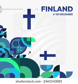 Finland Independence Day square banner in geometric style. Colorful modern greeting card for National day of Finland in December. Design background for celebrating National holiday