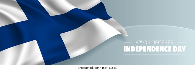 Finland independence day vector banner, greeting card. Finish wavy flag in 6th of December national patriotic holiday horizontal design 