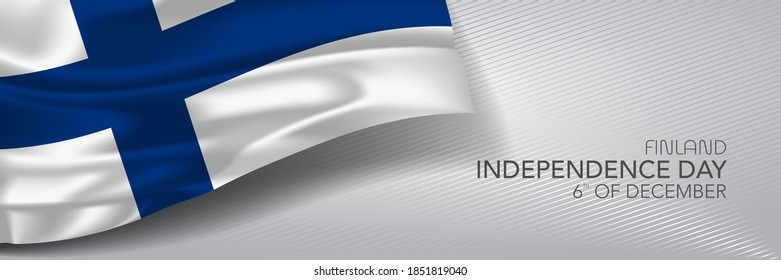 Finland independence day vector banner, greeting card. Finish wavy flag in 6th of December national patriotic holiday horizontal design