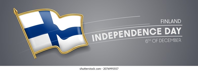 Finland independence day vector banner, greeting card. Finish wavy flag in 6th of December patriotic holiday horizontal design with realistic badge