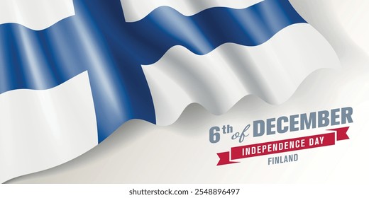 Finland independence day vector banner, greeting card. Finish wavy flag in 6th of December national patriotic holiday horizontal design