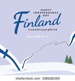 Finland independence day vector illustration with its long national flag within snowy scenery. European country public holiday. Finnish text is translated as Independence Day.