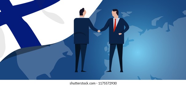 Finland international partnership. Diplomacy negotiation. Business relationship agreement handshake. Country flag and map. Corporate Global business investment. Vector