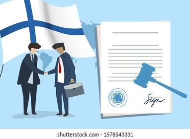 Finland international partnership. Diplomacy negotiation. Business relationship agreement handshake. Country flag and map. Corporate Global business investment. Vector