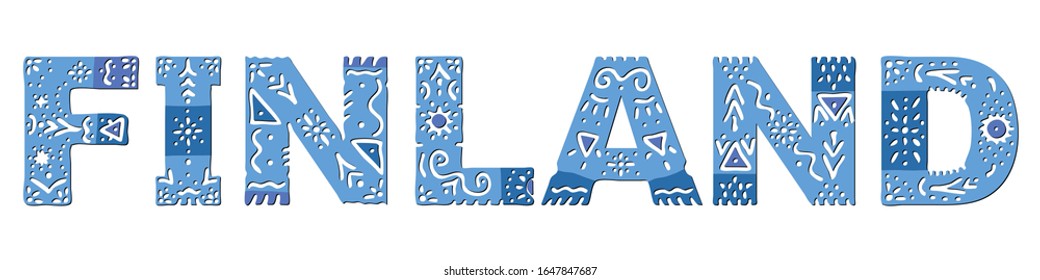 Finland. Isolated inscription with national ethnic ornament in blue colors. Finland for web, booklet, poster, banner, flyer, cards and prints on clothing, finnish t-shirts. Cheap stock vector image.