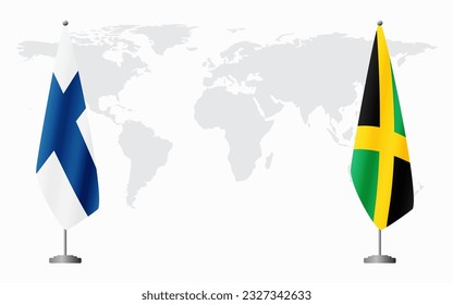 Finland and Jamaica flags for official meeting against background of world map.