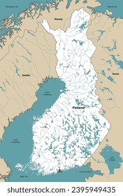 Finnische Seen und Flüsse, Vektorkarte mit den Hauptstädten der Regionen, umgeben von Nachbarländern und Gebieten 