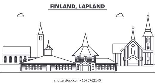 Finland, Lapland line skyline vector illustration. Finland, Lapland linear cityscape with famous landmarks, city sights, vector landscape. 