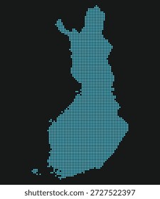 Finnland hellblaue gepunktete Karte auf schwarzem Hintergrund für Quanten-Computing und Sicherheit. Karte von Finnland im gepunkteten Stil.
