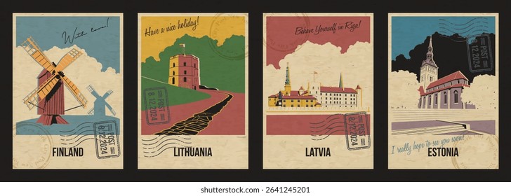 Finland, Lithuania, Latvia, Estonia Main Tourist Attractions Postcards, Olaf Church, Aland Island Windmills, Riga Castle, Gediminas Tower Illustrations. Retro Style Greeting Cards, Aged Paper Texture