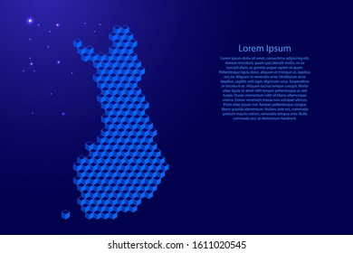 Finland map from 3D classic blue color cubes isometric abstract concept, square pattern, angular geometric shape, glowing stars. Vector illustration.