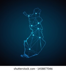 Finland Map - Abstract geometric mesh polygonal network line, structure and point scales on dark background with lights in the form of cities. Vector illustration eps 10.