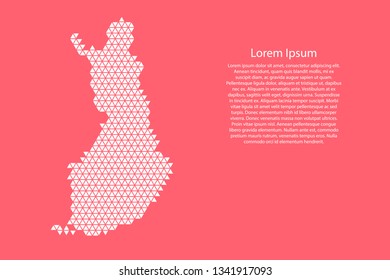Finland map abstract schematic from white  triangles repeating pattern geometric on pink coral color  background with nodes for banner, poster, greeting card. Vector illustration.