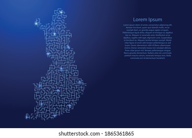 Finland map from blue pattern of the maze grid and glowing space stars grid. Vector illustration.